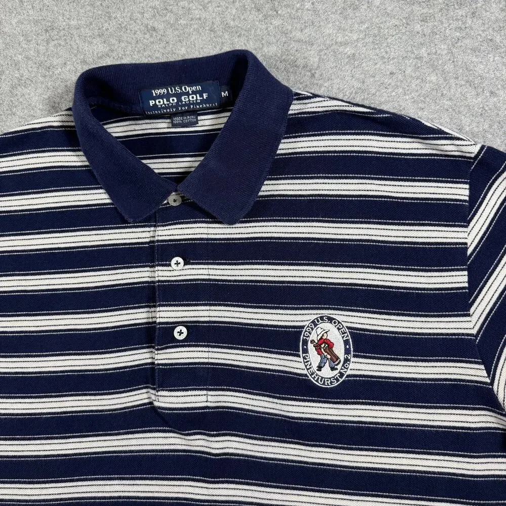 Vintage Polo Ralph Lauren Golf Polo Mens M Navy Striped 1999 US Open Pinehurst